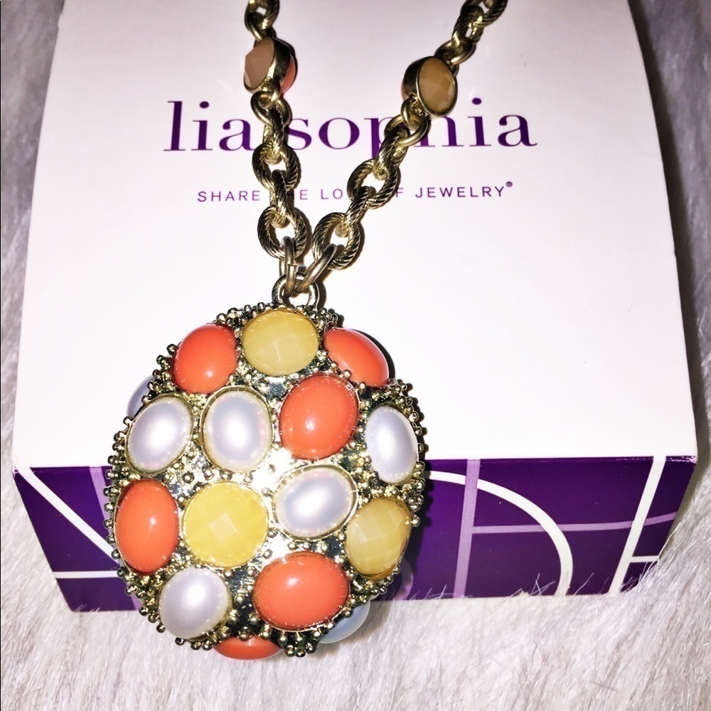 Lia Sophia Matte Gold Tone Orange White Cab Pendant Necklace Chain, 36"